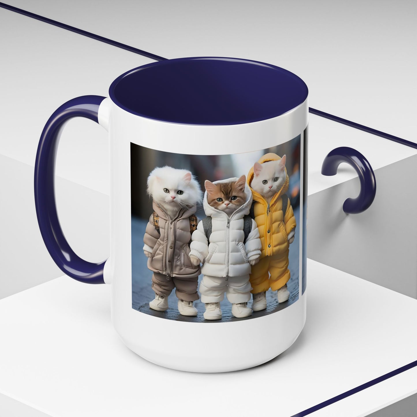 Cat Crew Accent Coffee Mug — Cute Kittens in Puffer Jackets (11/15oz)