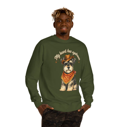 Schnauzer Cowboy Sweatshirt – "My Heart Has Eyeholes" Cute Western Dog Crewneck