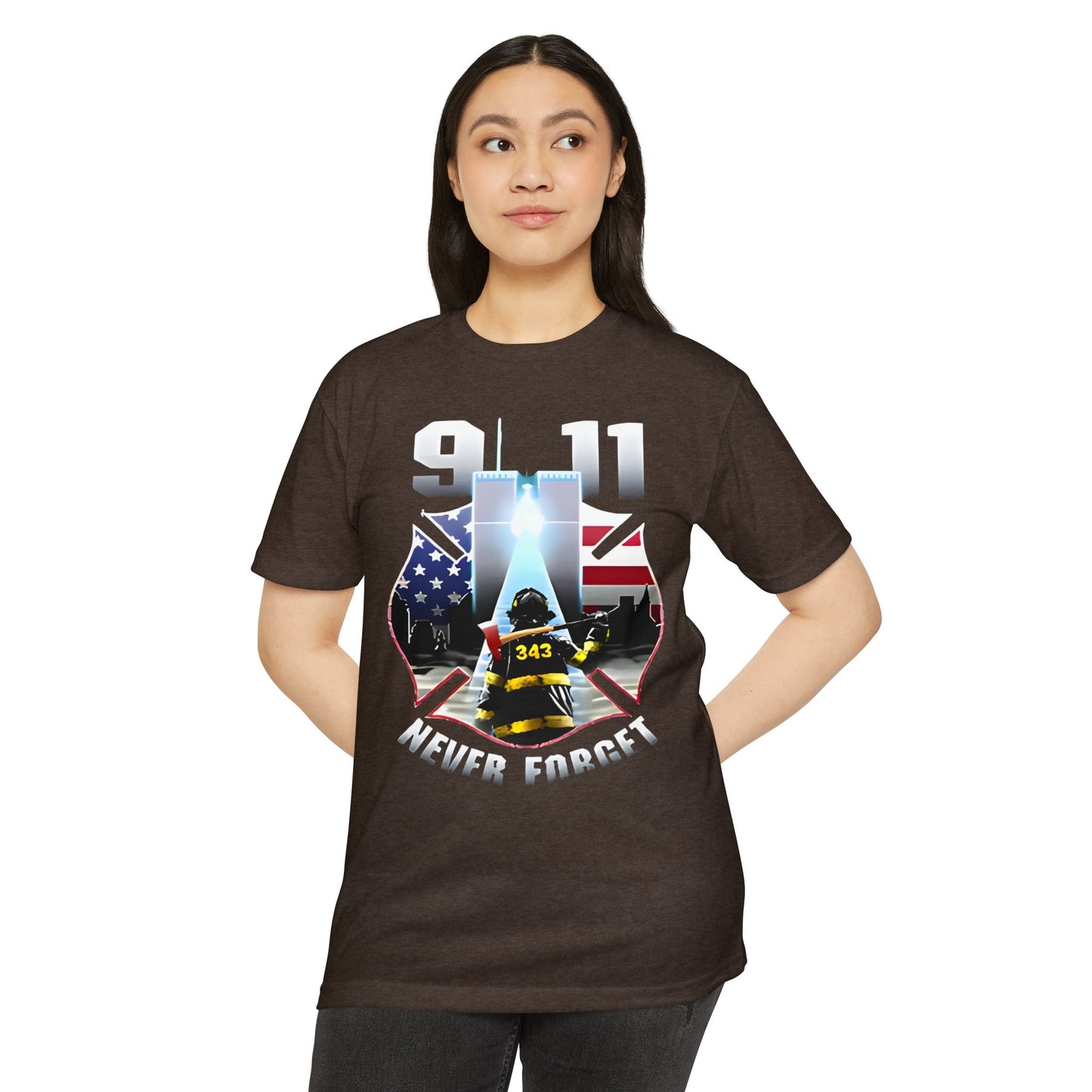 9/11 Never Forget T-Shirt — Firefighter Tribute Tee with Twin Towers & American Flag