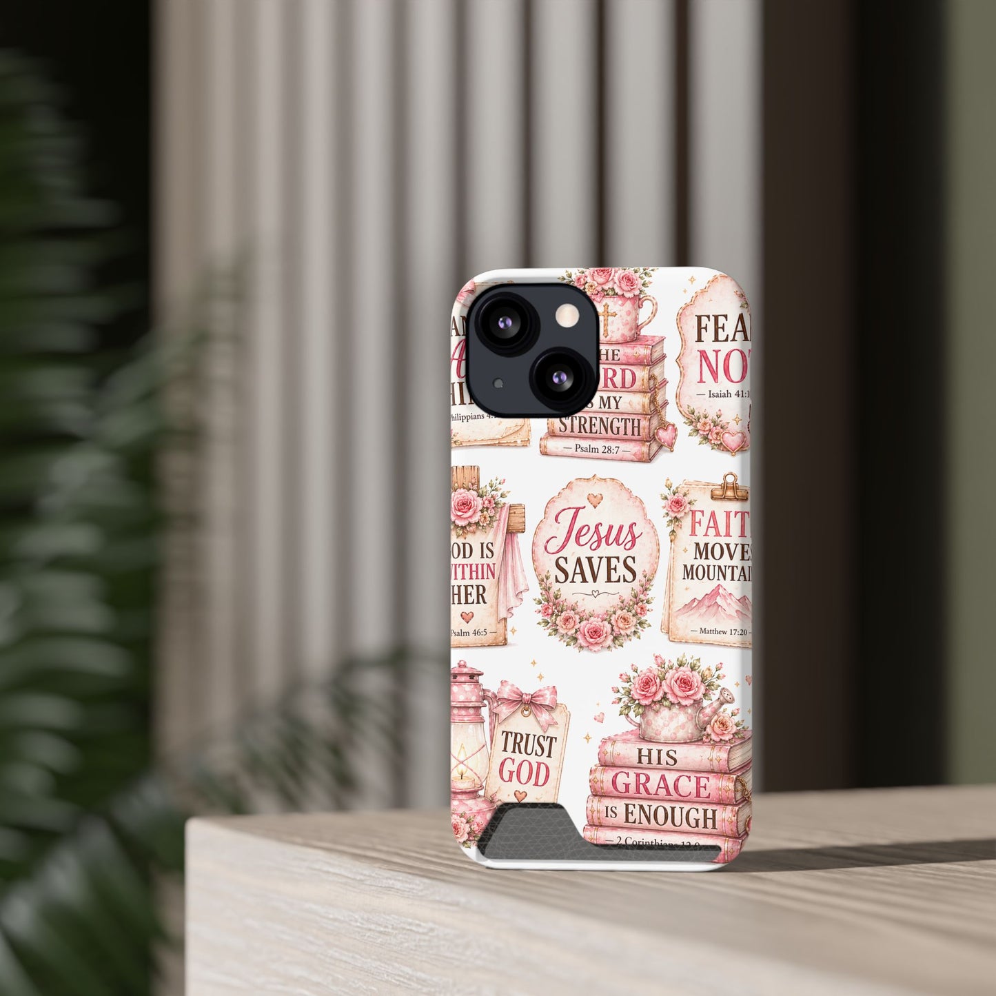 Christian Phone Case with Card Holder — 'Jesus Saves' Floral Scripture Design