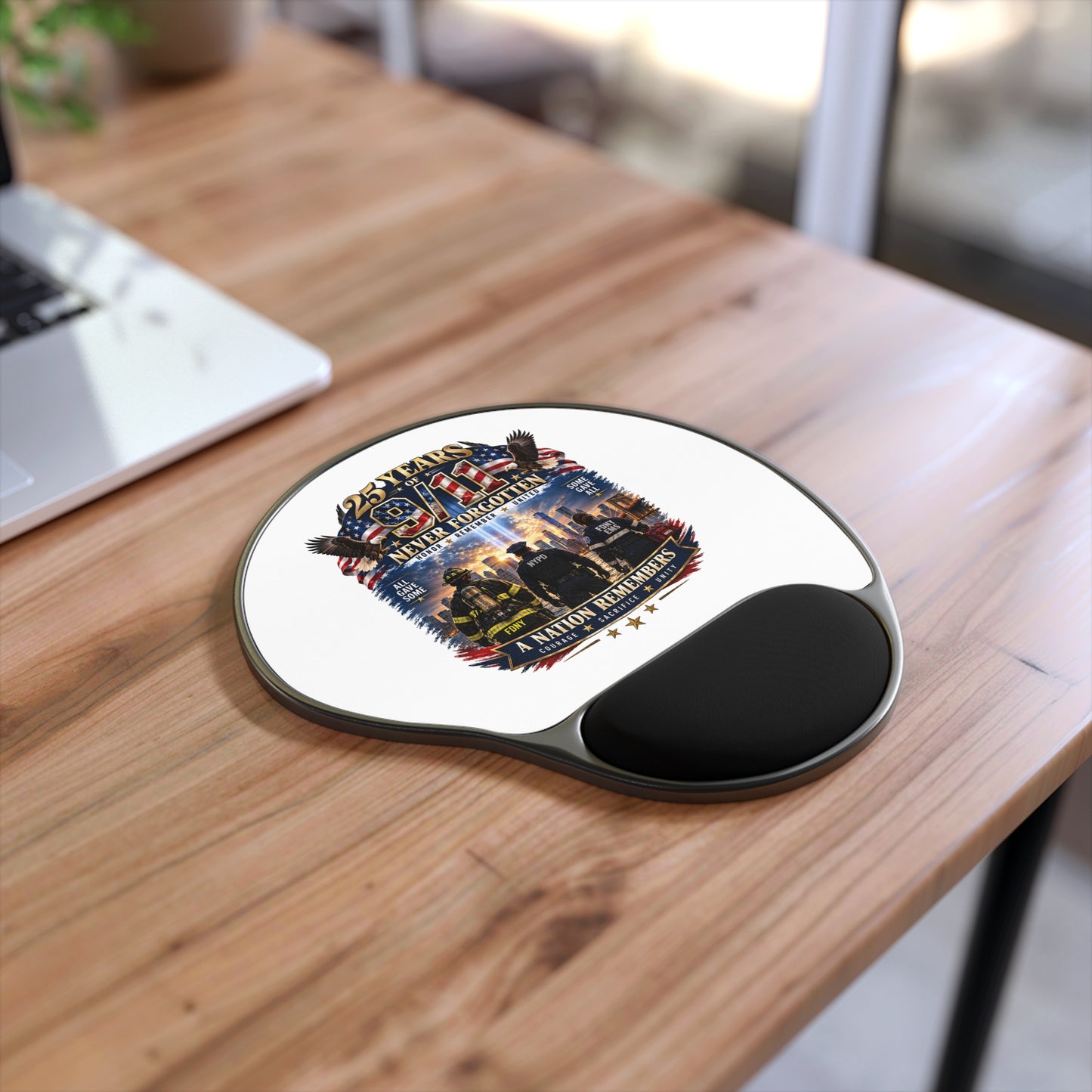 9/11 Remembrance Mouse Pad with Wrist Rest — '25 Years Never Forgotten' Memorial Design