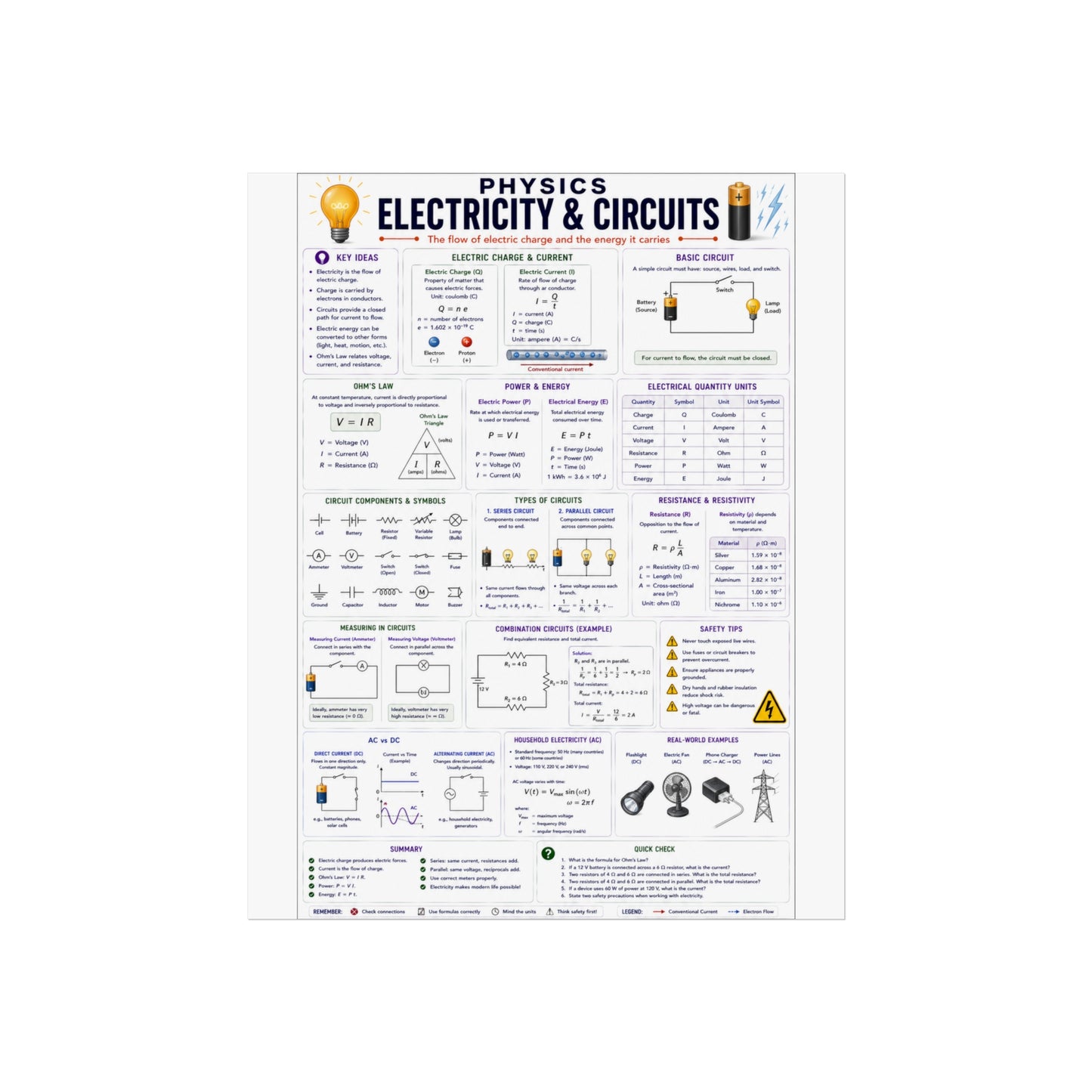 Physics Poster — Electricity & Circuits Educational Chart