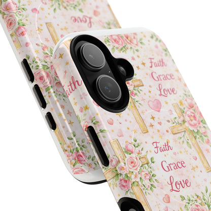 Christian Floral Cross Phone Case — "Faith Grace Love" Tough Magnetic Case