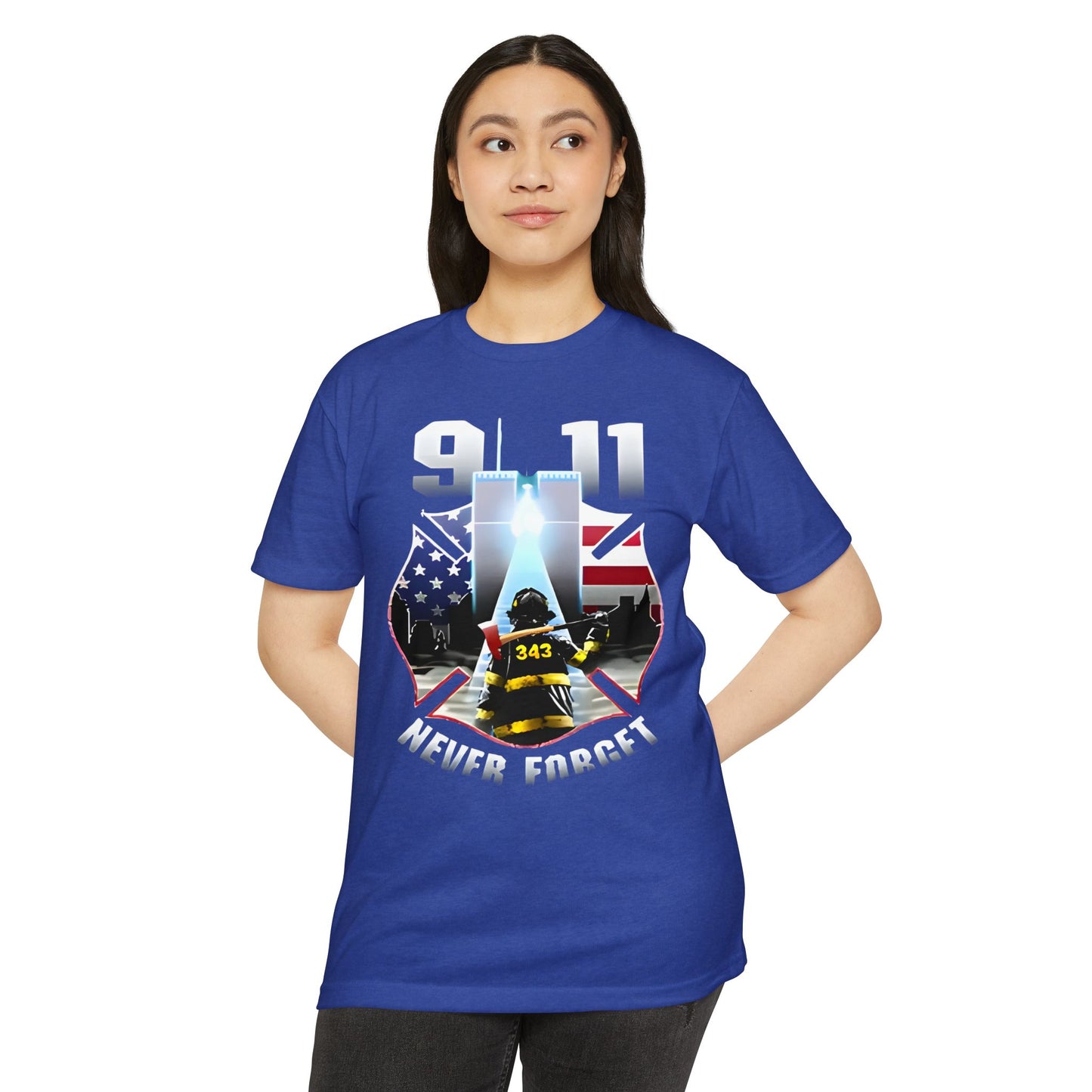 9/11 Never Forget T-Shirt — Firefighter Tribute Tee with Twin Towers & American Flag