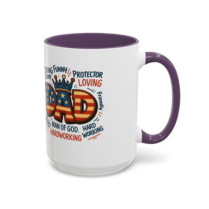 Dad Coffee Mug — Patriotic "DAD" Design with Loving, Hardworking, Protector Keywords (11/15oz Accent Mug)