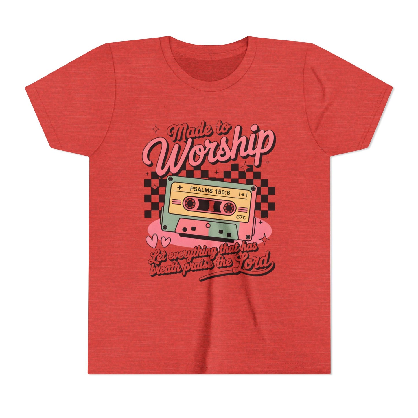 Made to Worship Youth Tee – Retro Cassette Christian Kids Shirt (Psalms 100:4)