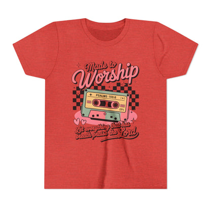 Made to Worship Youth Tee – Retro Cassette Christian Kids Shirt (Psalms 100:4)