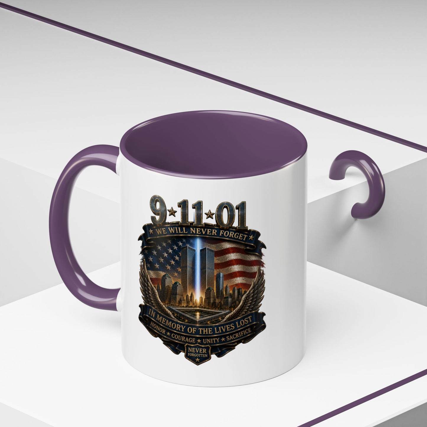 9/11 Memorial Coffee Mug — 'We Will Never Forget' Tribute Accent Mug