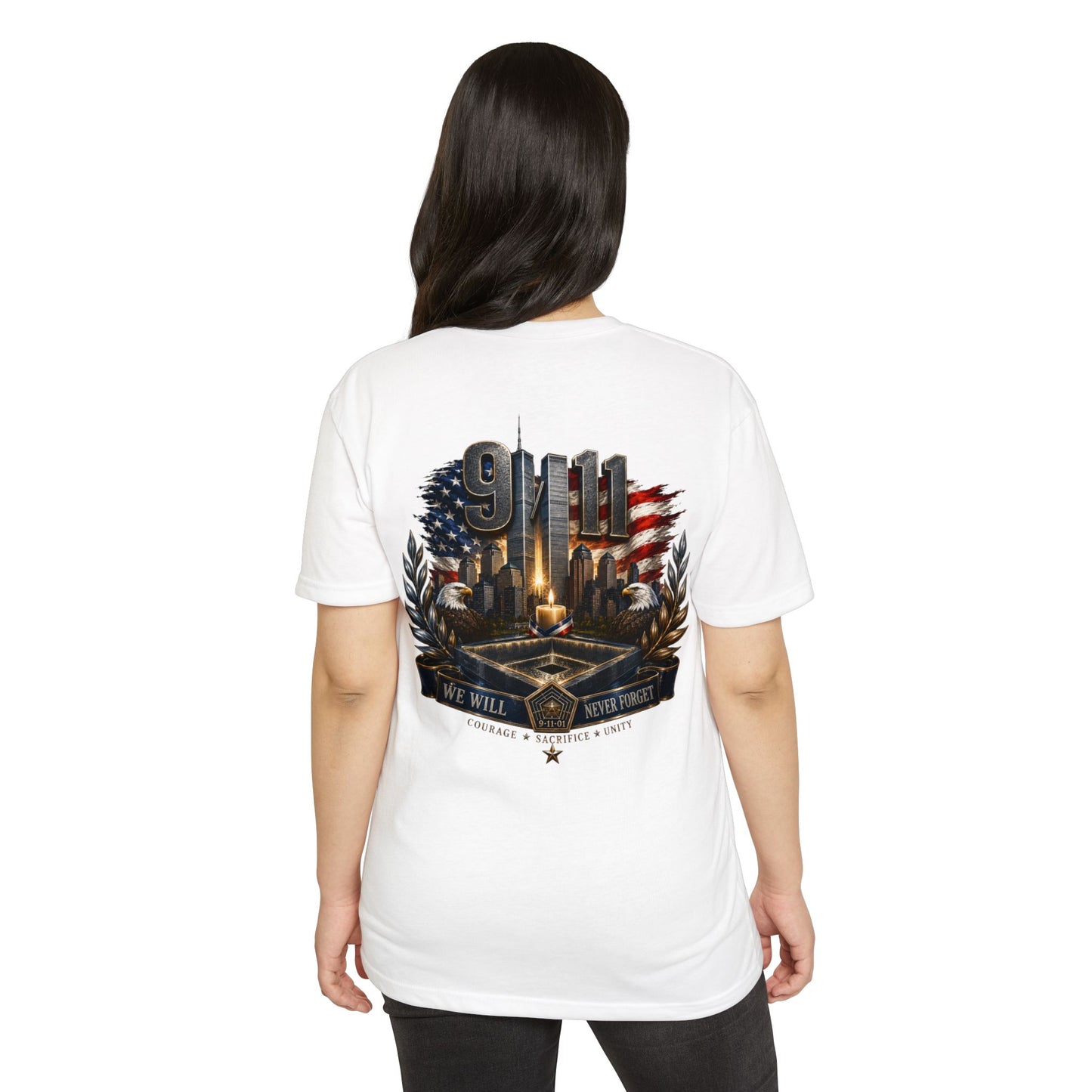 9/11 Never Forget Memorial T-Shirt — Tribute American Flag Skyline Tee