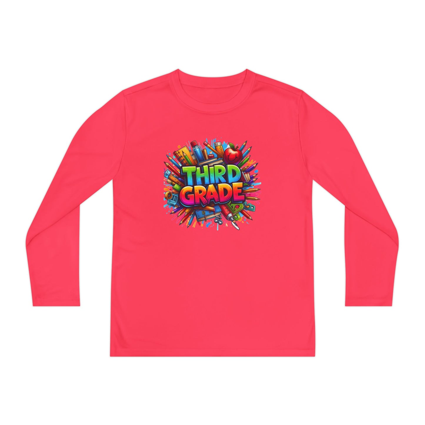 Third Grade Youth Long Sleeve Tee — Colorful School Supplies Design