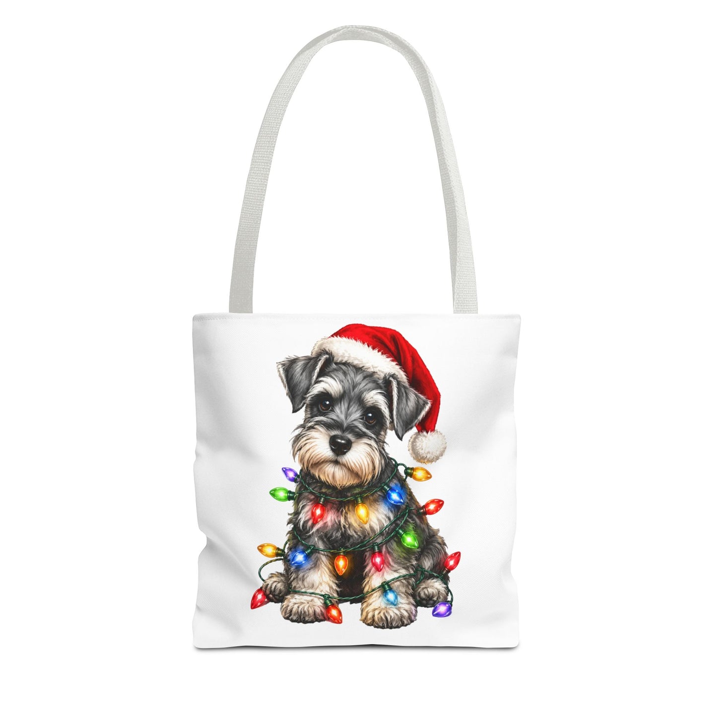 Christmas Schnauzer Tote Bag — Cute Puppy with Santa Hat & Holiday Lights