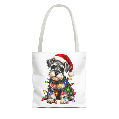 Christmas Schnauzer Tote Bag — Cute Puppy with Santa Hat & Holiday Lights