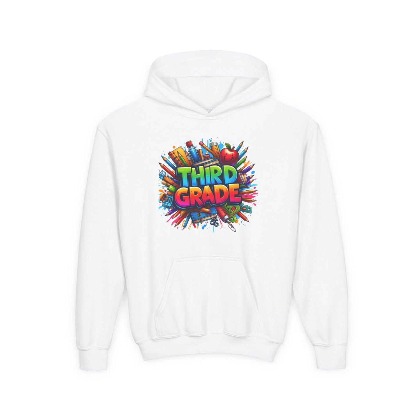 Third Grade Kids Hoodie — Colorful School Supplies Back-to-School Sweatshirt