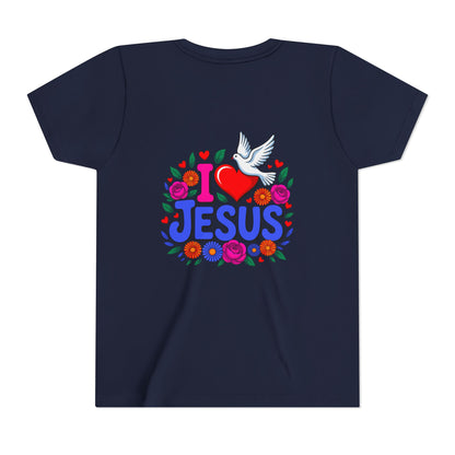 Youth Tee — "I  Jesus" Colorful Dove & Floral Christian Shirt