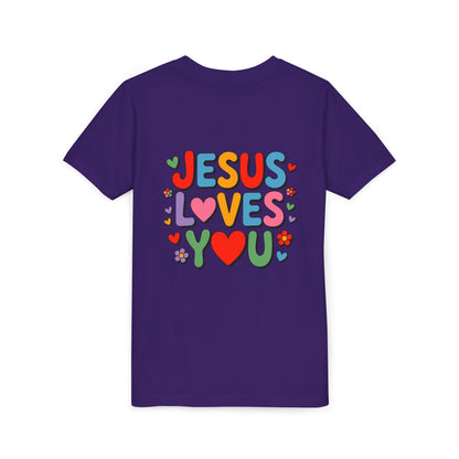 Youth Tee - "Jesus Loves You" Colorful Heart & Flower Christian Shirt