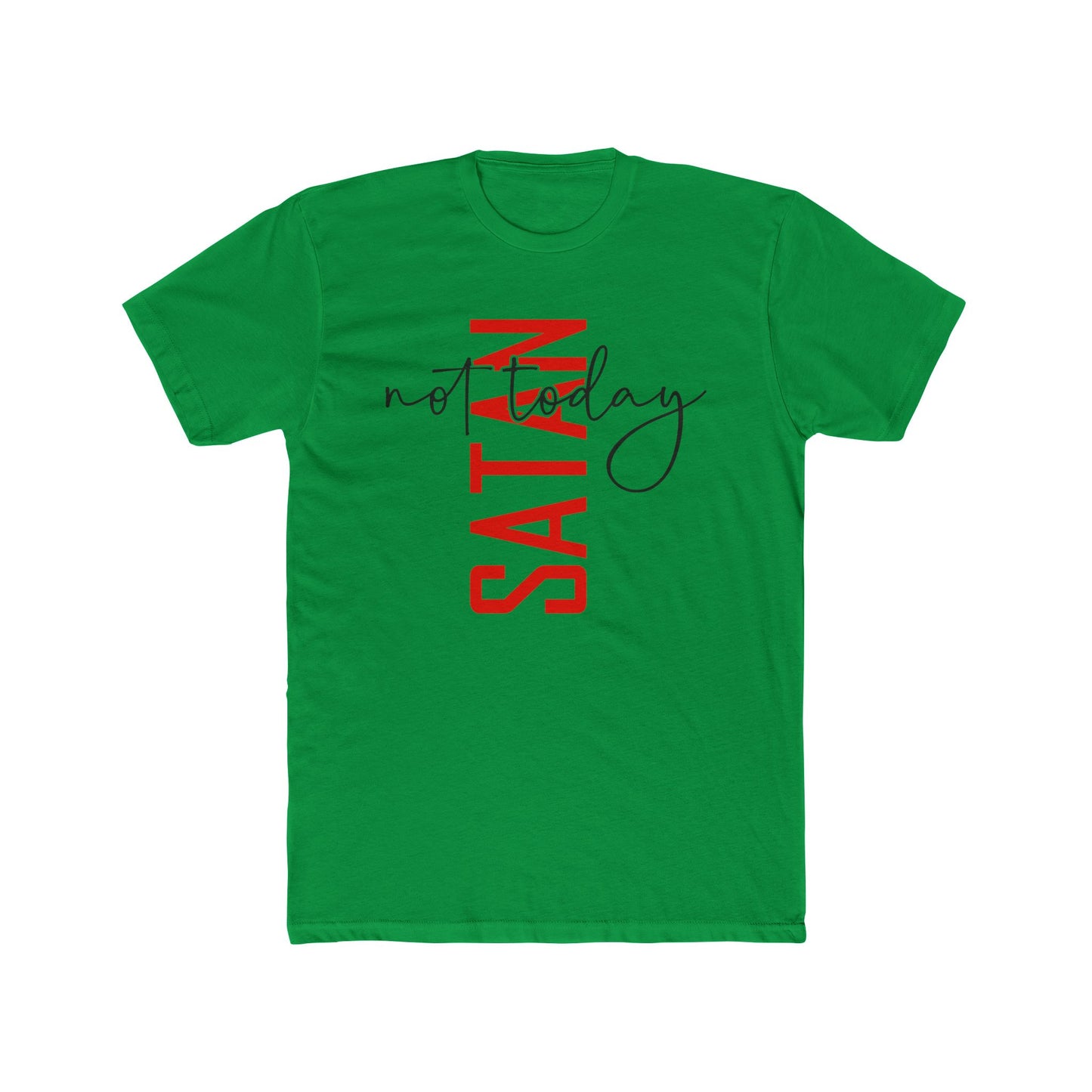 Crew Tee — "No Today Satan" Vertical Red Text Graphic T‑Shirt