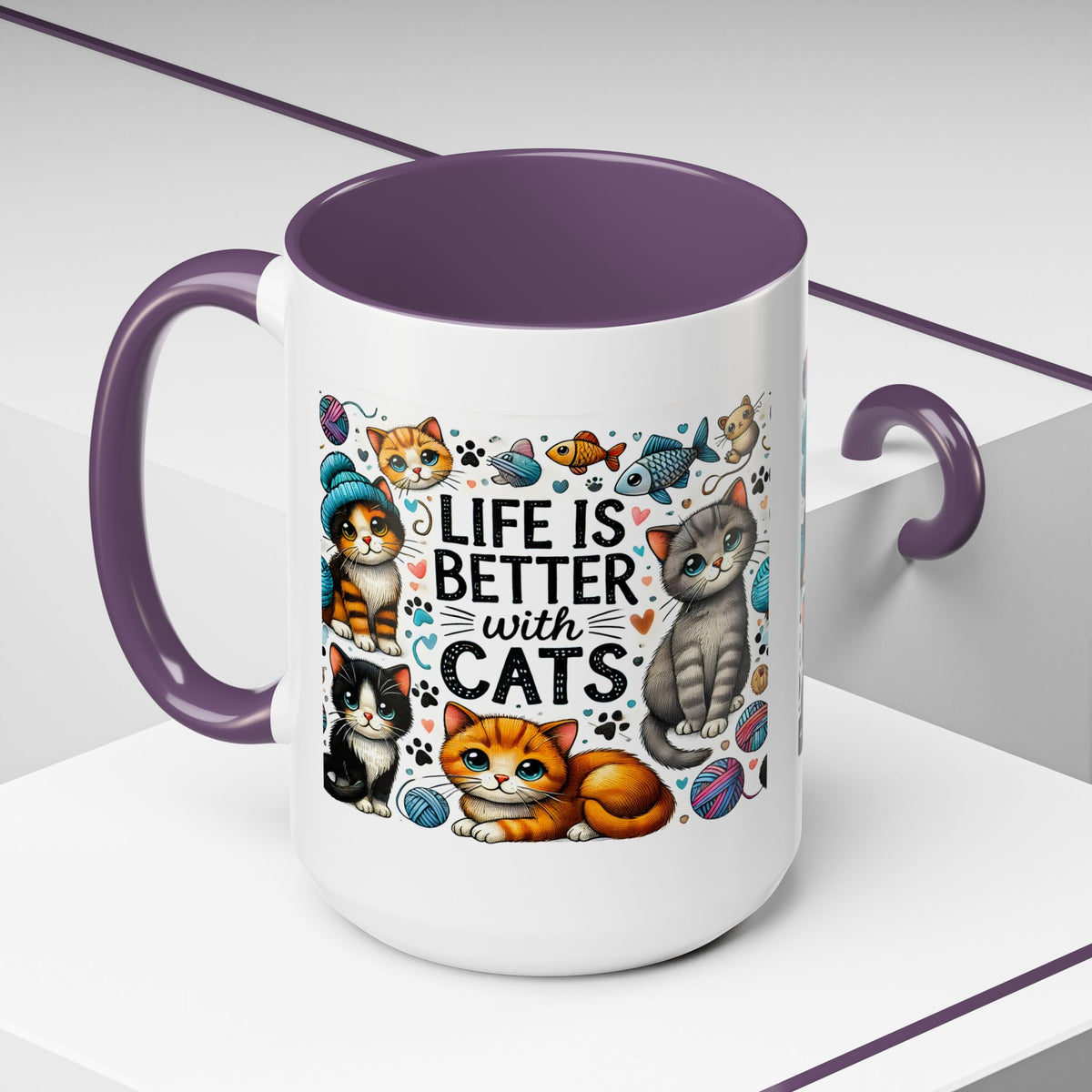 Life Is Better With Cats Accent Coffee Mug – Cute Kitten Ceramic Tea Cup (11/15oz)
