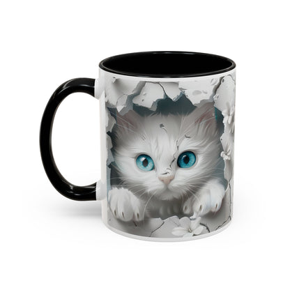 Cute Blue-Eyed Kitten Accent Coffee Mug – Floral Peekaboo Cat Design (11/15 oz)