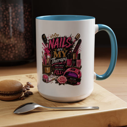 Coffee Mug — "Nails Are My Therapy" Pink Nail Tech Gift