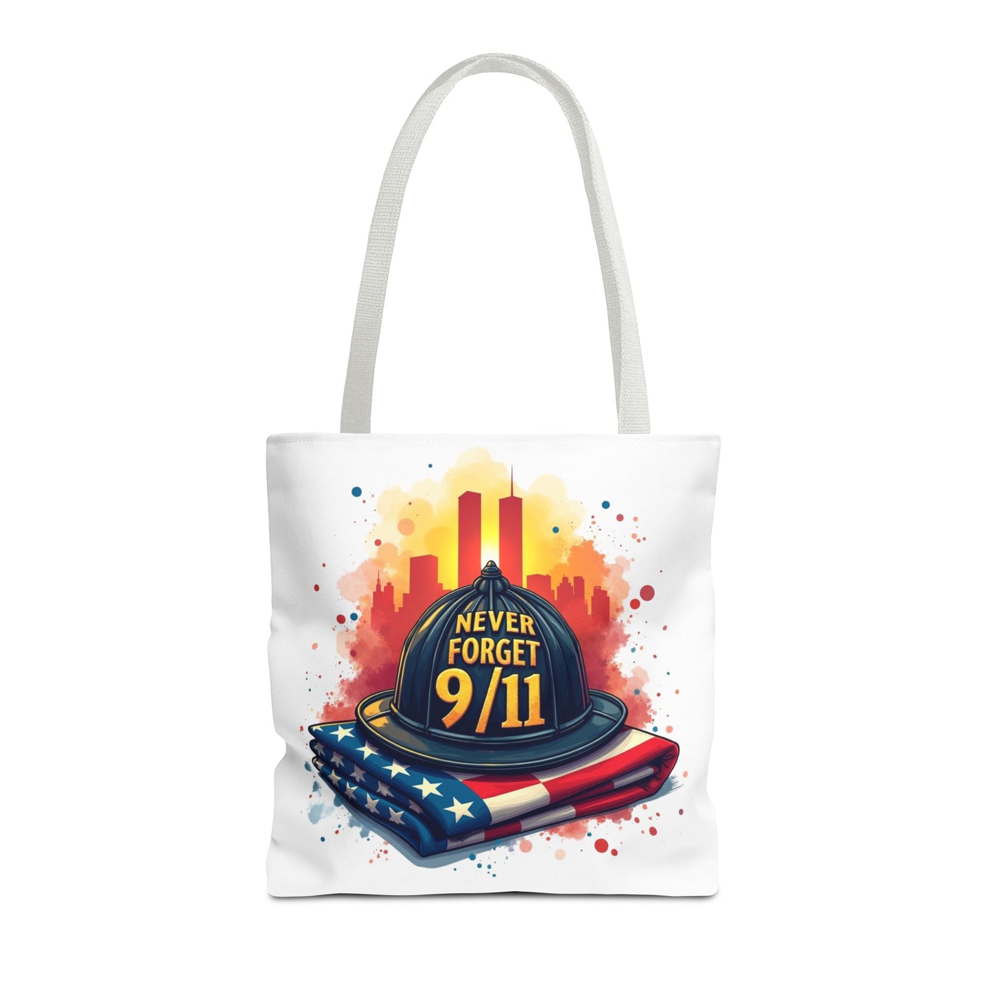 Never Forget 9/11 Memorial Tote Bag — Firefighter Helmet & Flag Tribute