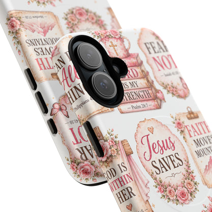 Christian Faith iPhone Tough Magnetic Case — 'Jesus Saves' Floral Scripture Design (Fear Not, Faith Moves Mountains)