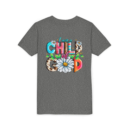 Youth Tee — "I Am a Child of God" Floral Christian Graphic