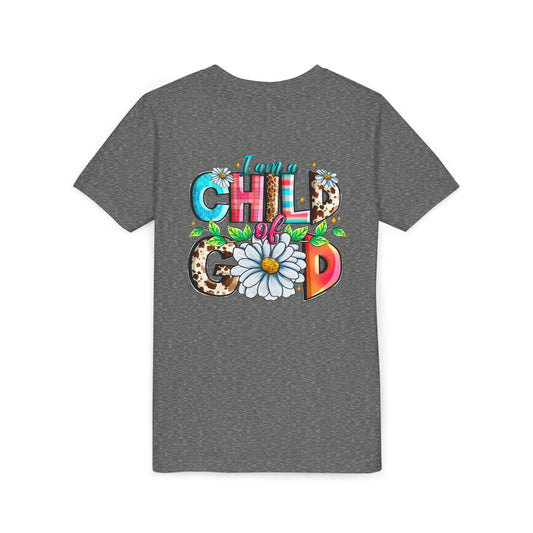 Youth Tee — "I Am a Child of God" Floral Christian Graphic