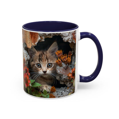 Cute Kitten Peek Accent Coffee Mug — Tabby Cat Floral 11/15oz
