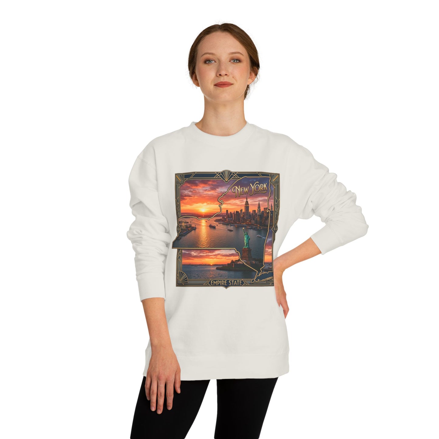 New York Sunset Crewneck Sweatshirt — Statue of Liberty Skyline Graphic