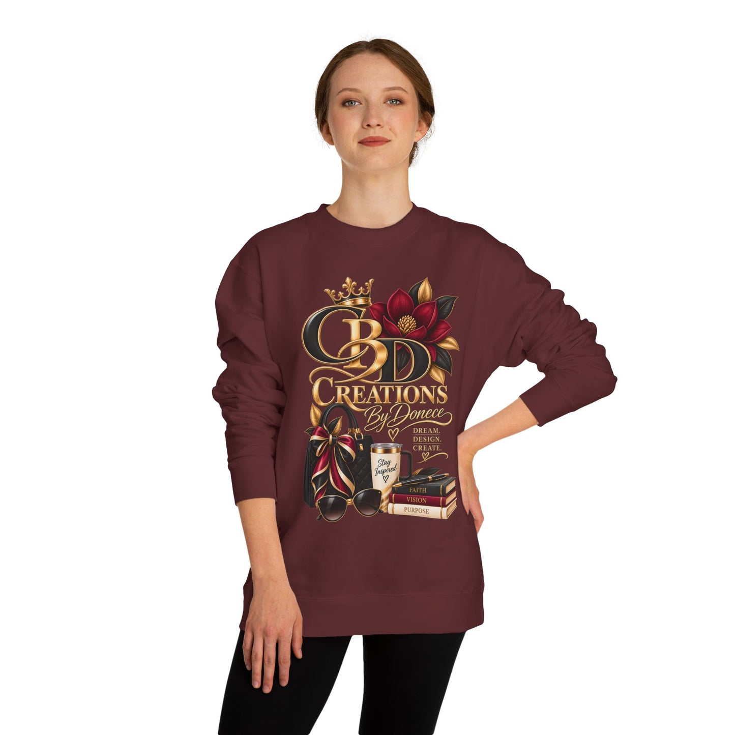 Crewneck Sweatshirt — CBD Creations Boutique Logo Graphic (Crown, Flowers, Books & Coffee)