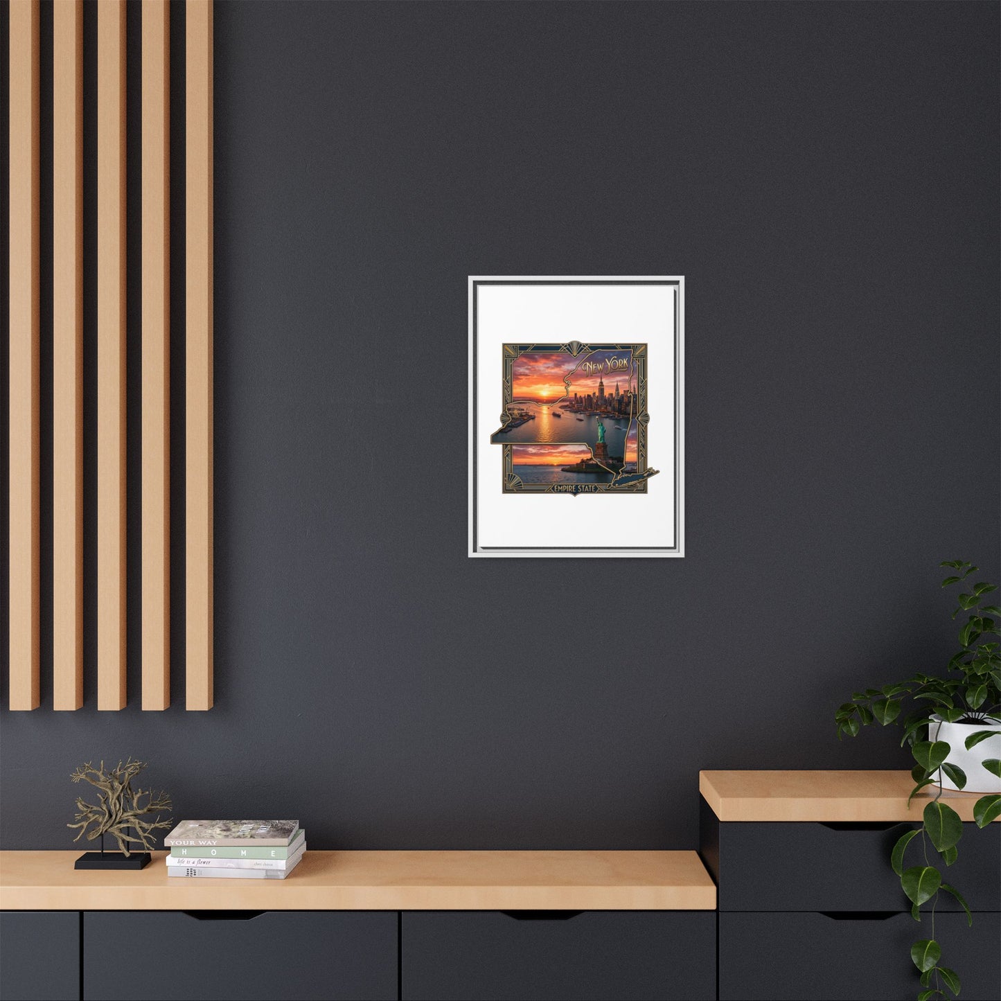 Framed Matte Canvas Wall Art — New York City Sunset Skyline with Statue of Liberty