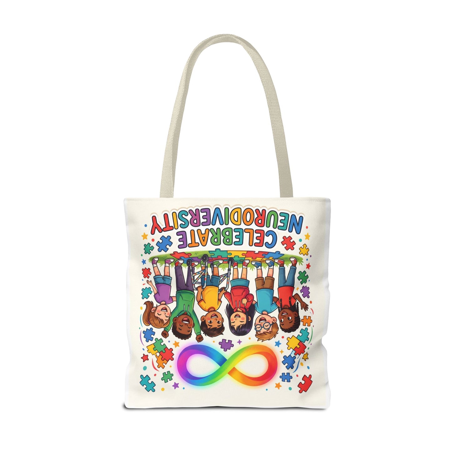 Celebrate Neurodiversity Tote Bag — Rainbow Infinity Symbol & Kids Design