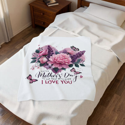 Mother's Day Velveteen Plush Blanket – "Happy Mother's Day to the Best Mom Ever I Love You" Floral Heart Design