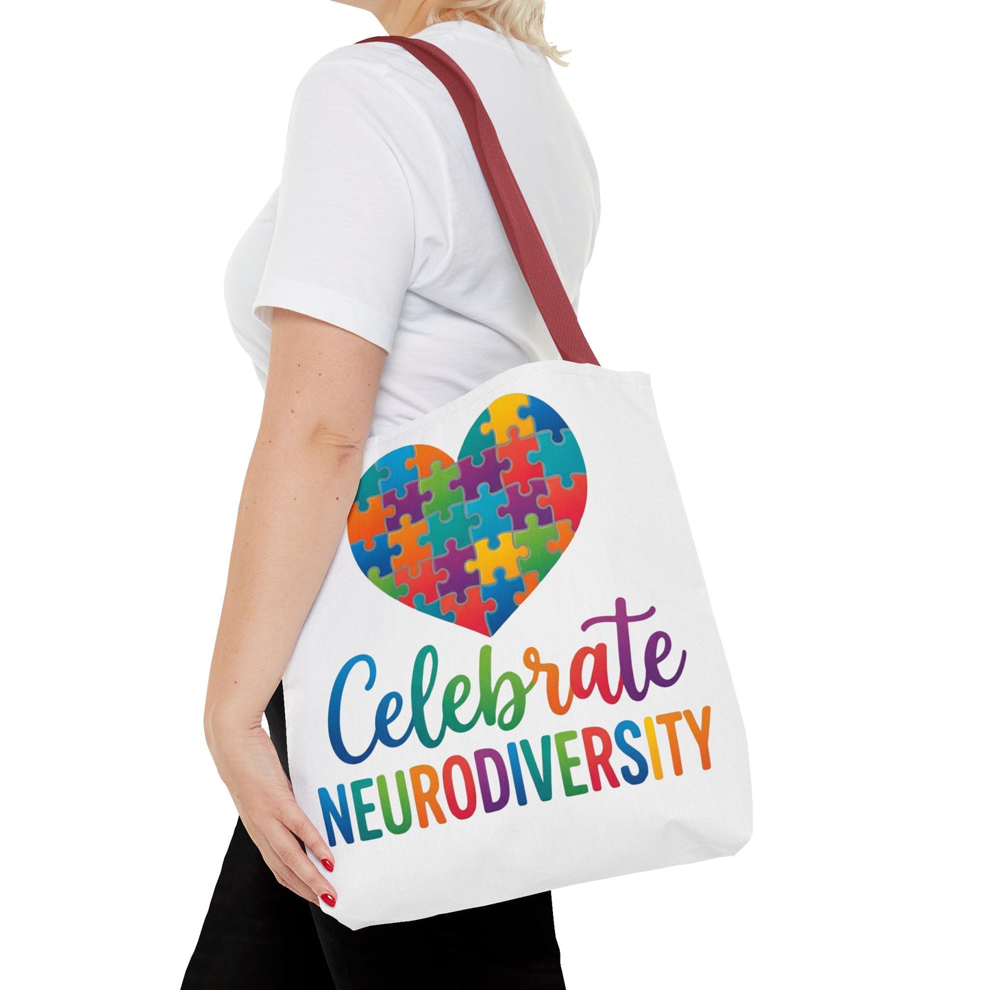 Celebrate Neurodiversity Tote Bag – Rainbow Puzzle Heart Awareness Tote