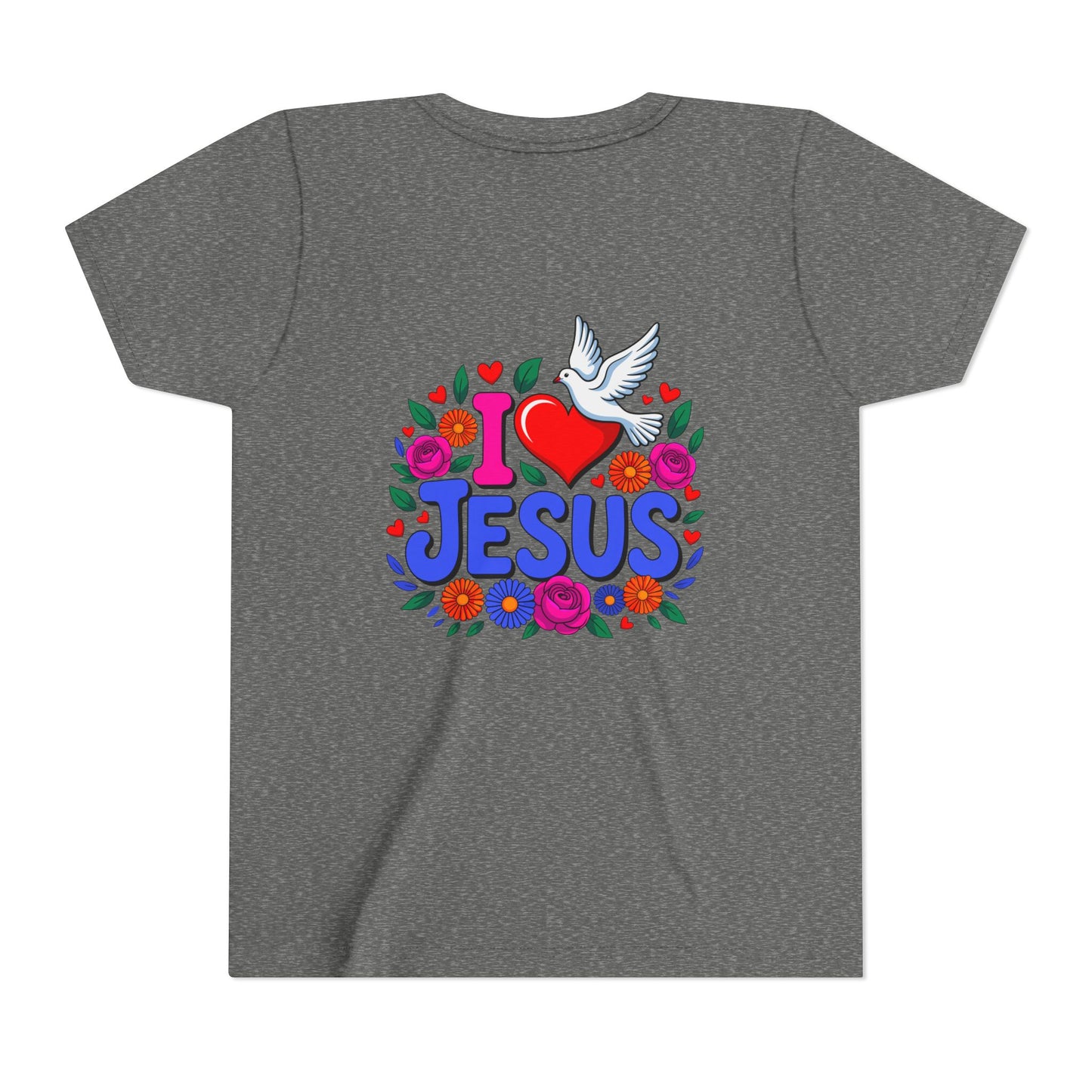 Youth Tee — "I  Jesus" Colorful Dove & Floral Christian Shirt