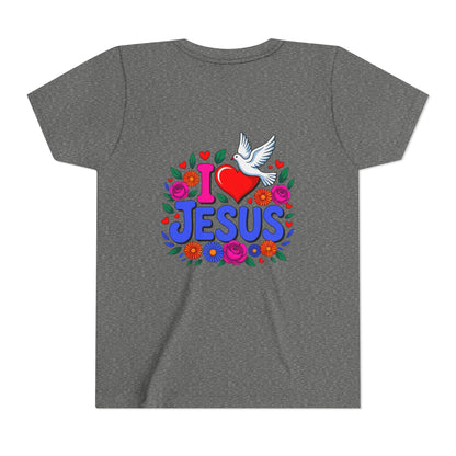 Youth Tee — "I  Jesus" Colorful Dove & Floral Christian Shirt