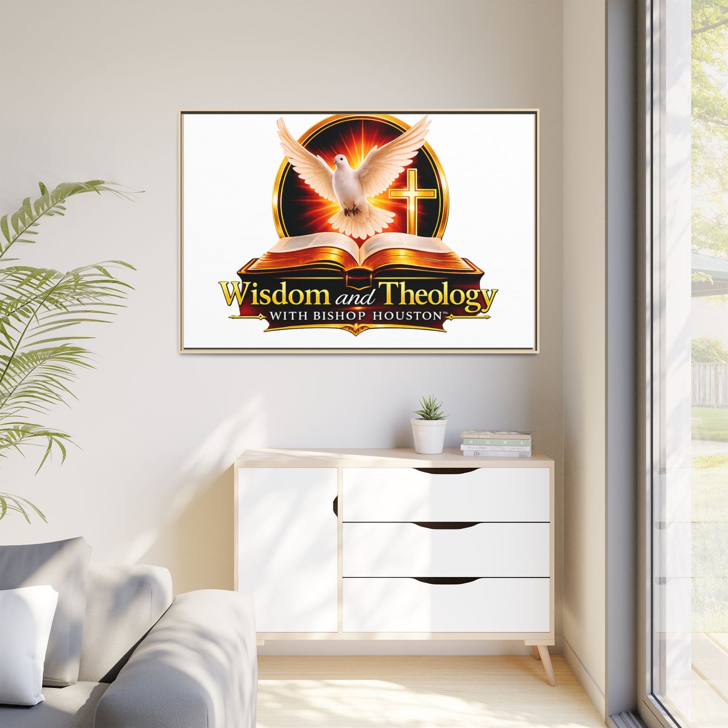 Framed Canvas Print — "Wisdom and Theology" Dove & Bible Wall Art