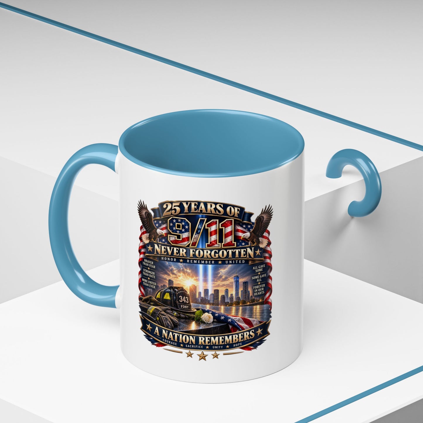 9/11 Memorial Coffee Mug — "25 Years of Never Forgotten" Patriot Tribute