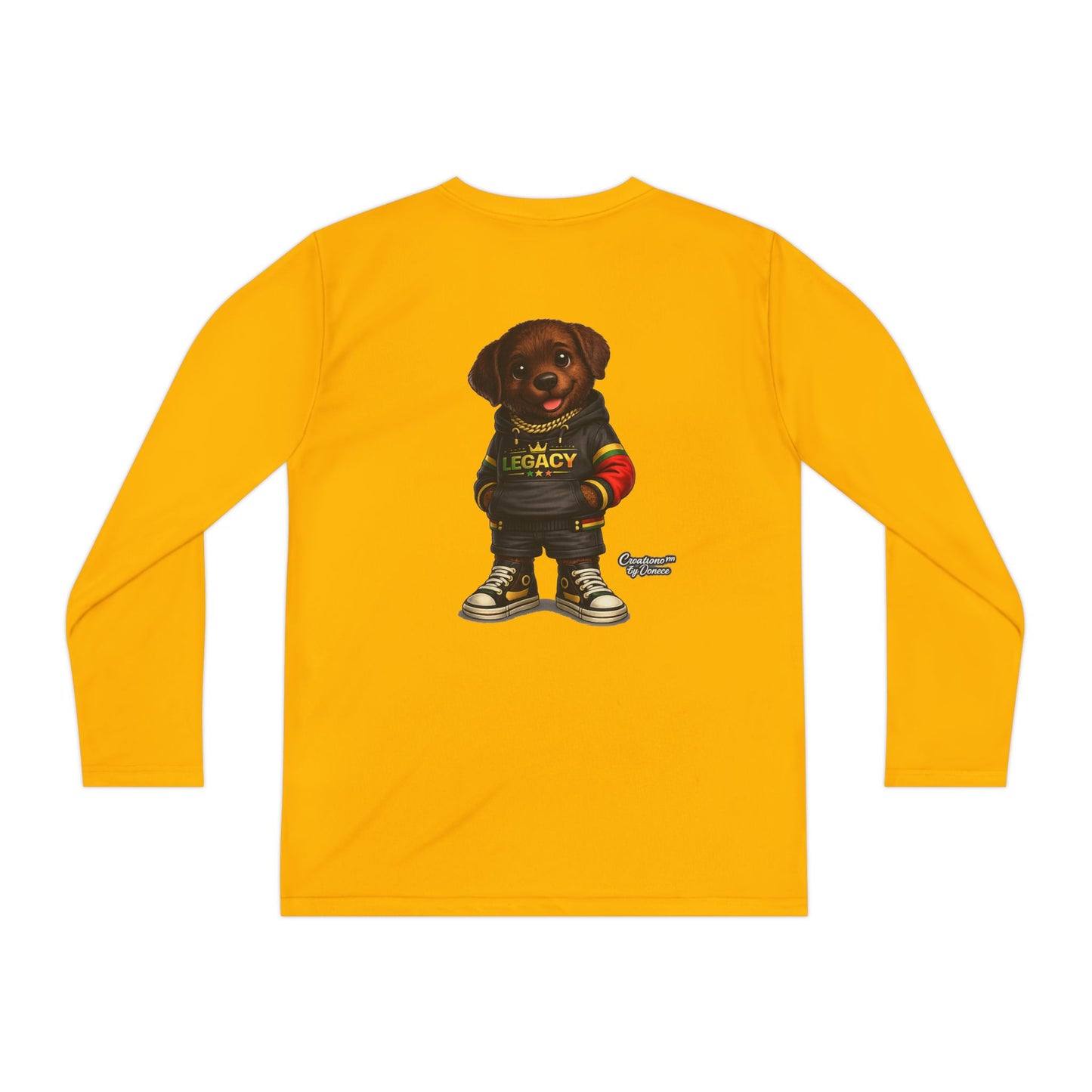 Kids Long Sleeve Tee — Brown Puppy Wearing 'Legacy' Hoodie Graphic