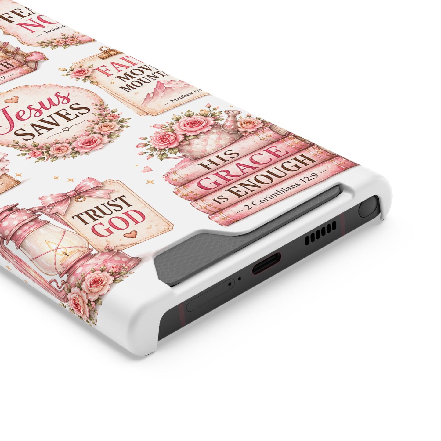 Christian Phone Case with Card Holder — 'Jesus Saves' Floral Scripture Design