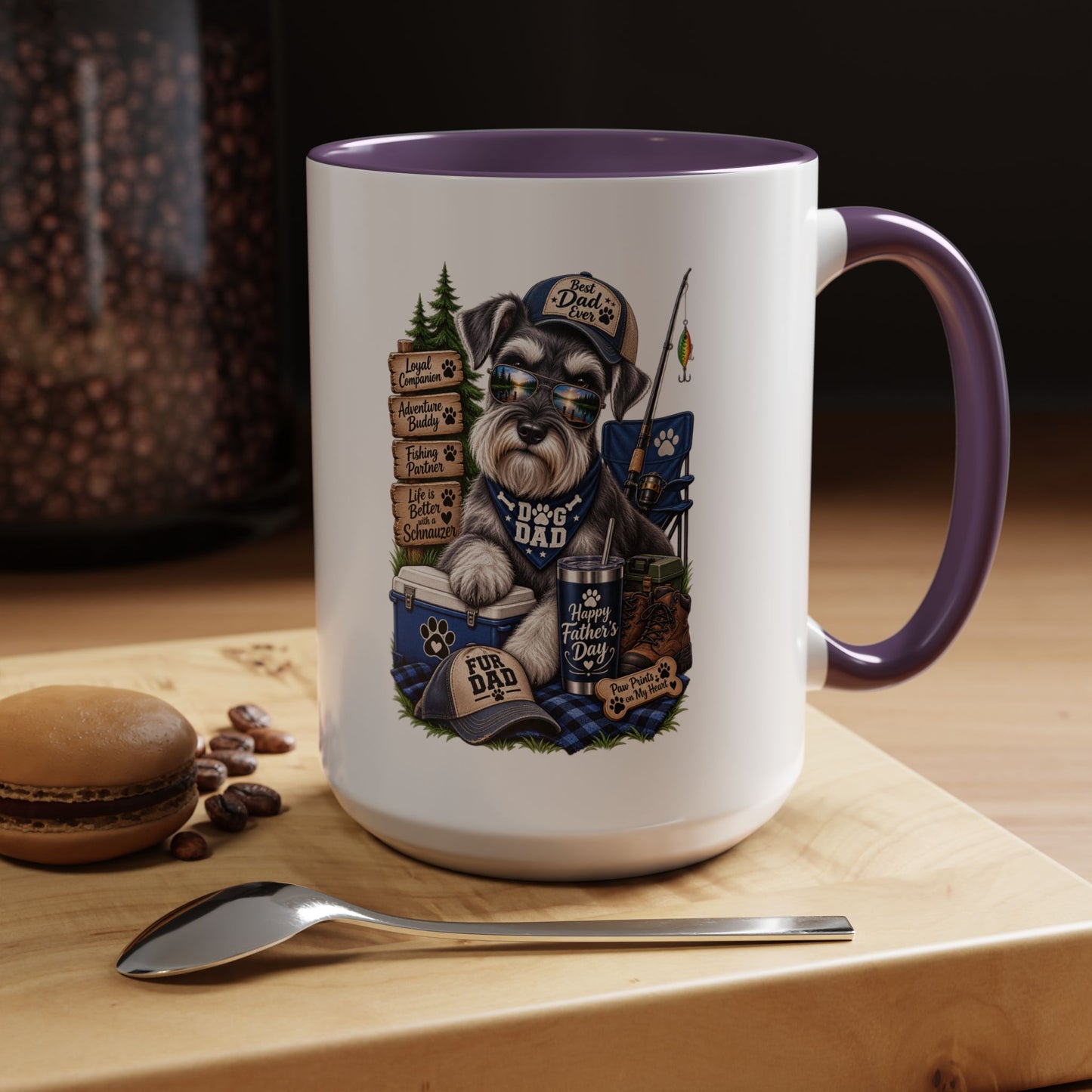 Schnauzer Dad Accent Coffee Mug – "Dog Dad" Camping Paw Print Design (11/15oz)
