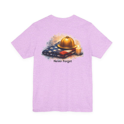 Never Forget Memorial T‑Shirt — Firefighter Helmet & Flag Tribute
