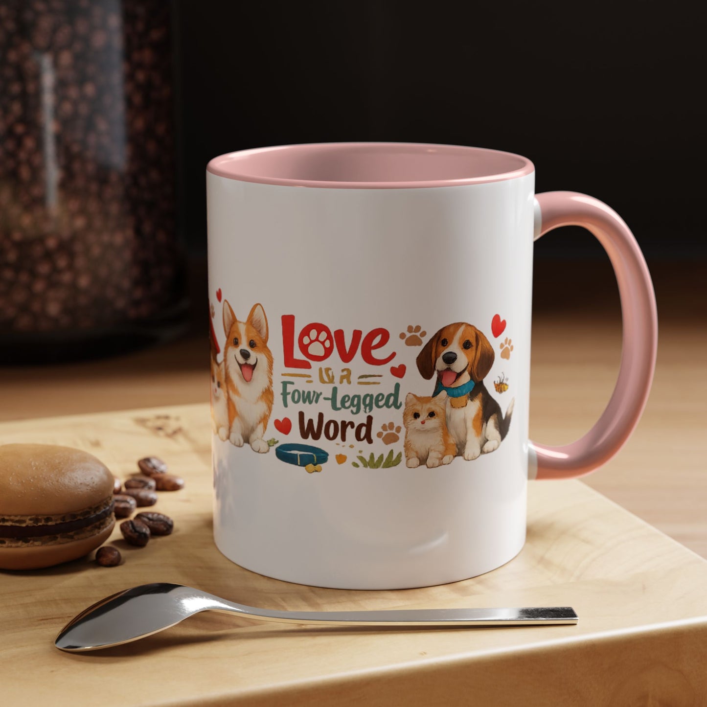 Dog Lover Accent Coffee Mug — “Love is a Four-Legged Word” Ceramic Gift