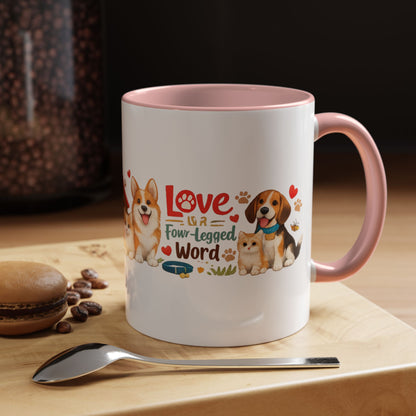 Dog Lover Accent Coffee Mug — “Love is a Four-Legged Word” Ceramic Gift