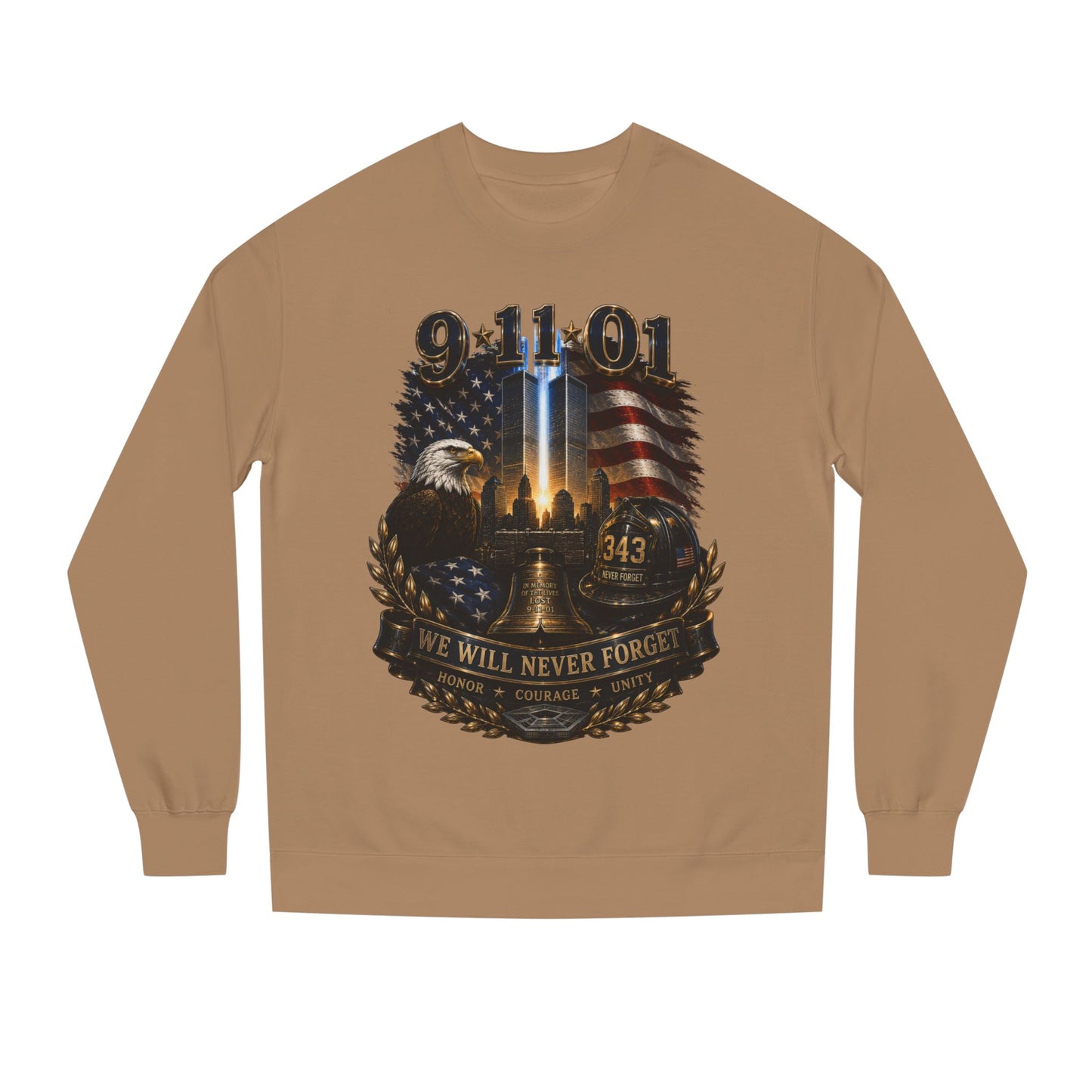 9/11 Remembrance Crewneck Sweatshirt — We Will Never Forget Memorial Tee