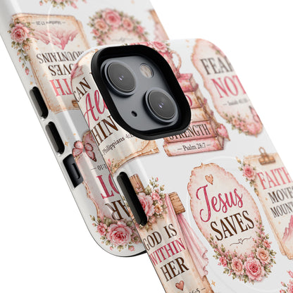 Christian Faith iPhone Tough Magnetic Case — 'Jesus Saves' Floral Scripture Design (Fear Not, Faith Moves Mountains)