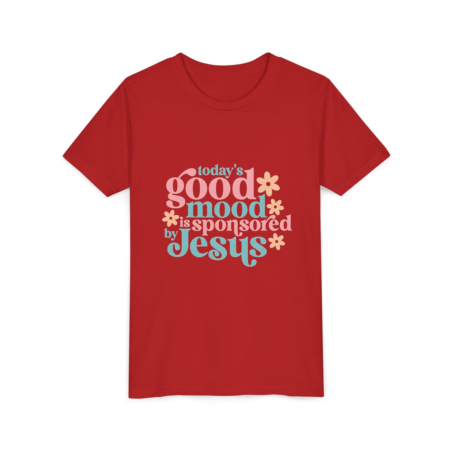 Youth Tee – "Today's Good Mood is Sponsored by Jesus" Retro Floral Christian Shirt