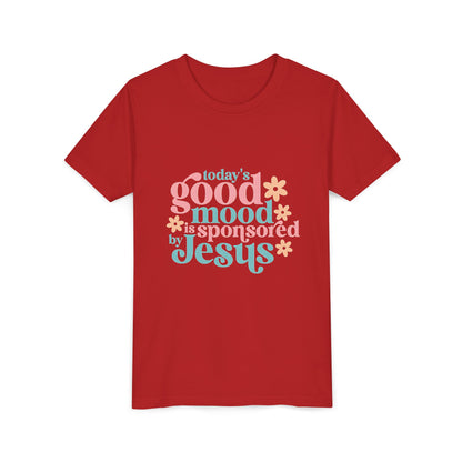 Youth Tee – "Today's Good Mood is Sponsored by Jesus" Retro Floral Christian Shirt