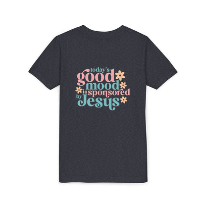 Youth Tee – "Today's Good Mood is Sponsored by Jesus" Retro Floral Christian Shirt