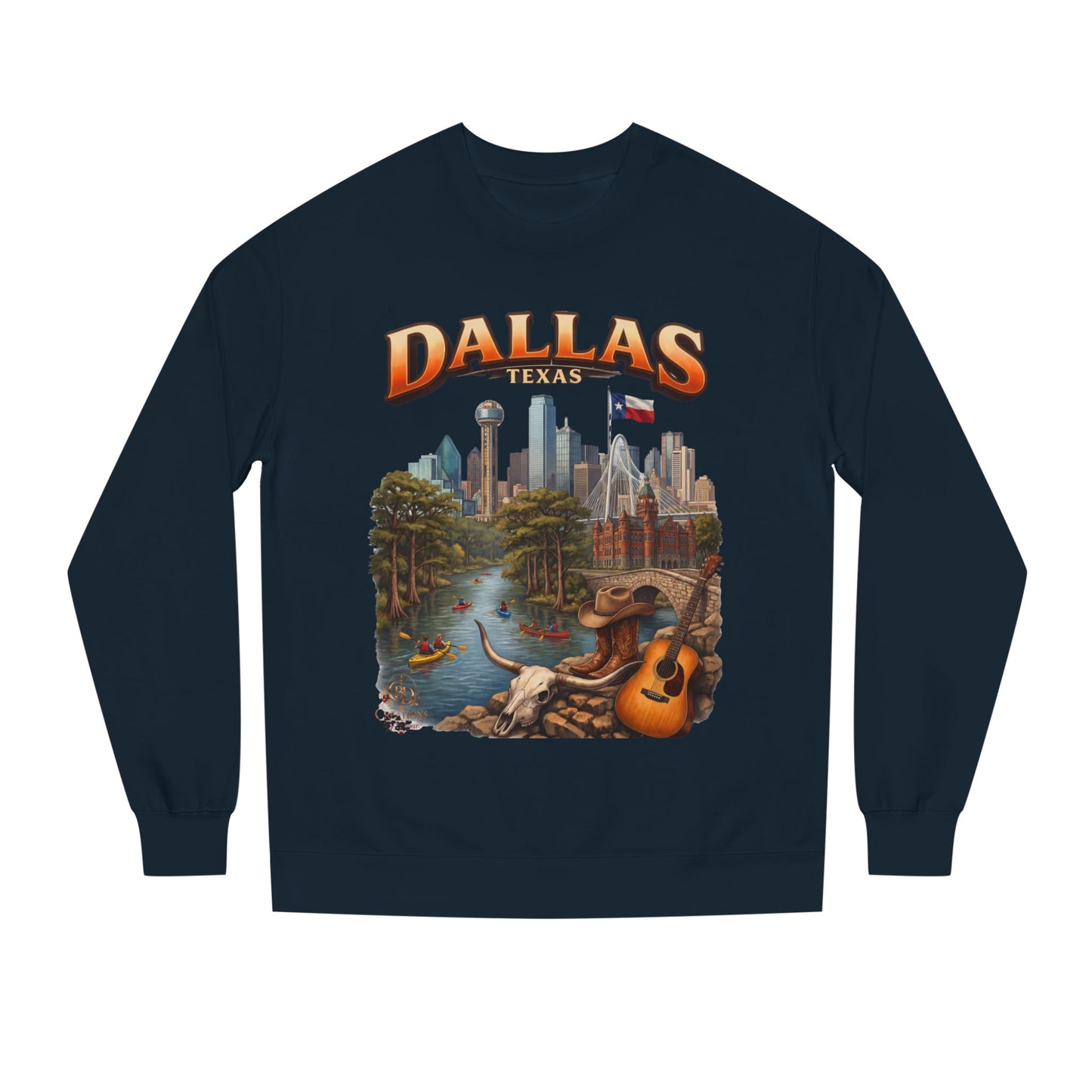 Dallas Skyline Crewneck Sweatshirt — Texas Cityscape & Acoustic Guitar Design